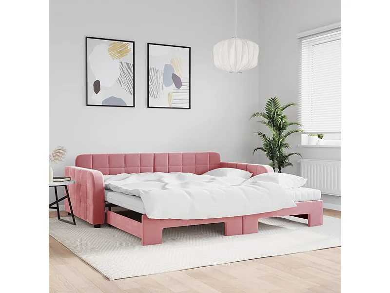 Lit de jour avec lit gigogne et matelas rose 100x200 cm velours