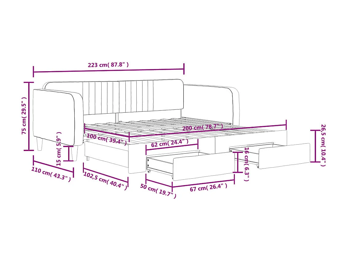 Tagesbett Ausziehbar mit Schubladen Schwarz 100x200 cm Samt