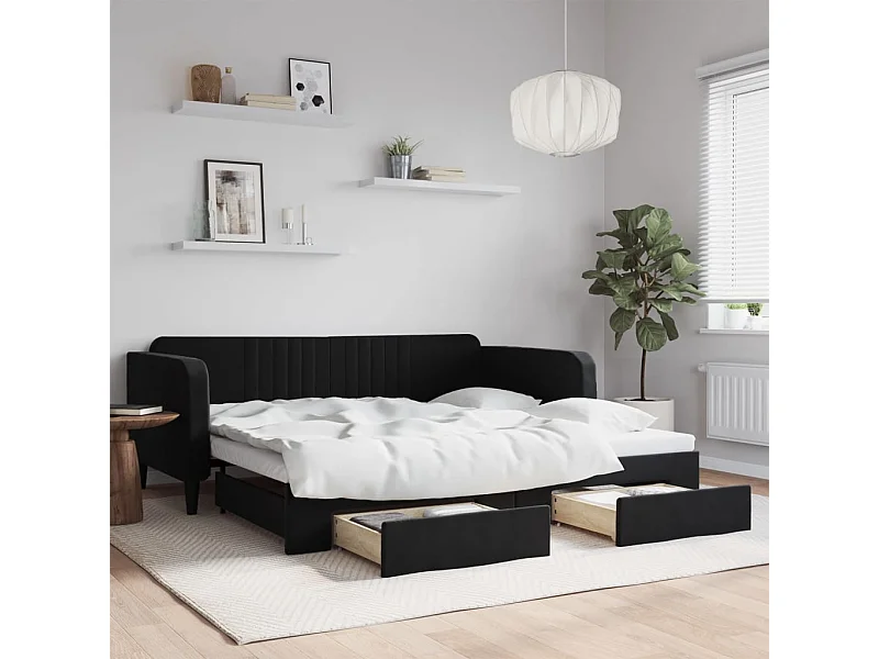 Divano Letto Estraibile con Cassetti Nero 100x200 cm in Velluto