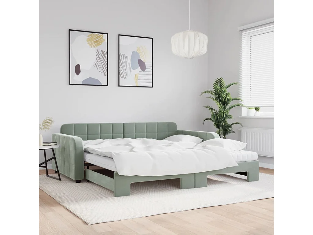 Slaapbank onderschuifbed matrassen 100x200cm fluweel lichtgrijs