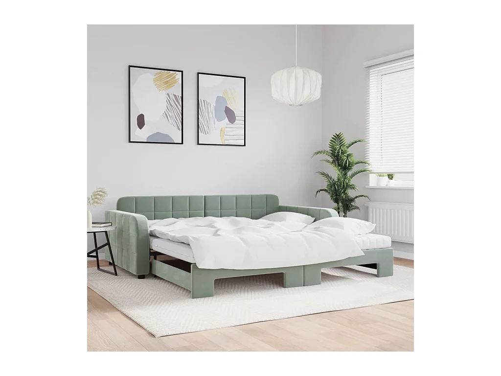 Lit de jour et gigogne et matelas gris clair 100x200 cm velours