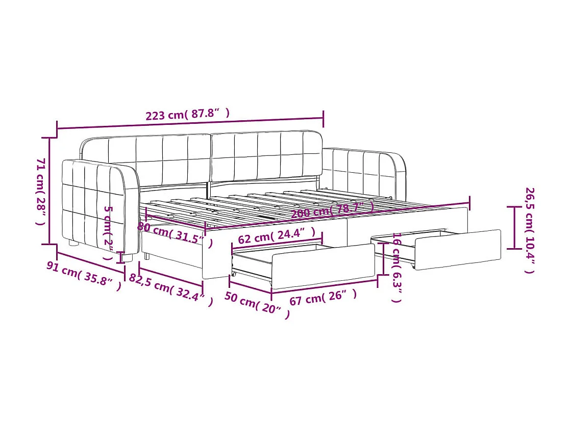 Slaapbank met onderschuifbed en lades 80x200 cm fluweel roze