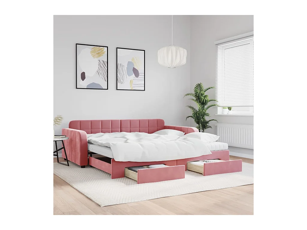 Lit de jour avec gigogne et tiroirs rose 100x200 cm velours