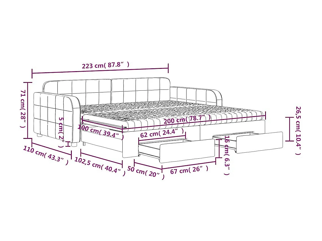 Lit de jour avec gigogne et tiroirs rose 100x200 cm velours