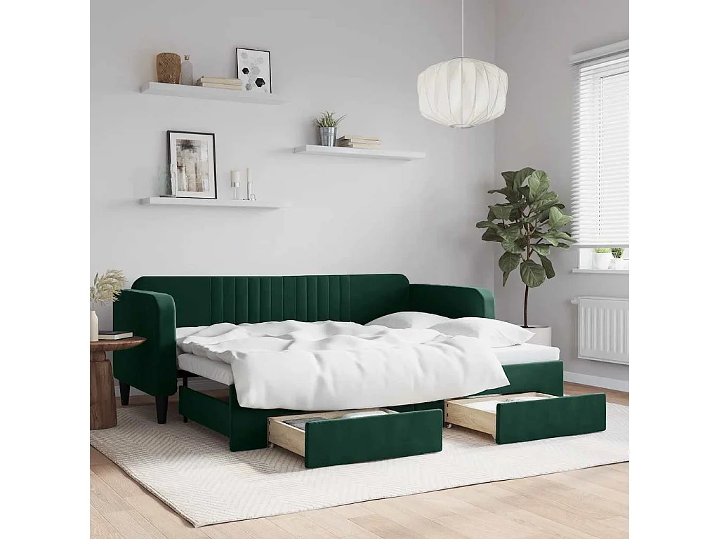 Divano Letto Estraibile Cassetti Verde Scuro 80x200cm Velluto