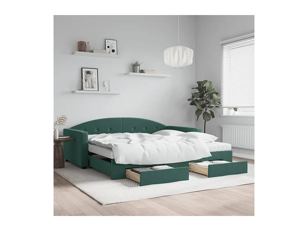 Sofá cama nido con cajones terciopelo verde oscuro 100x200 cm