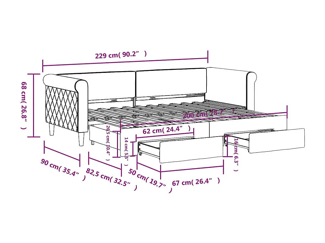 Slaapbank met onderschuifbed en lades 80x200 cm fluweel roze