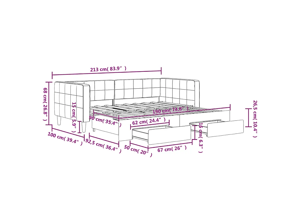 Slaapbank met onderschuifbed en lades 90x190 cm fluweel zwart