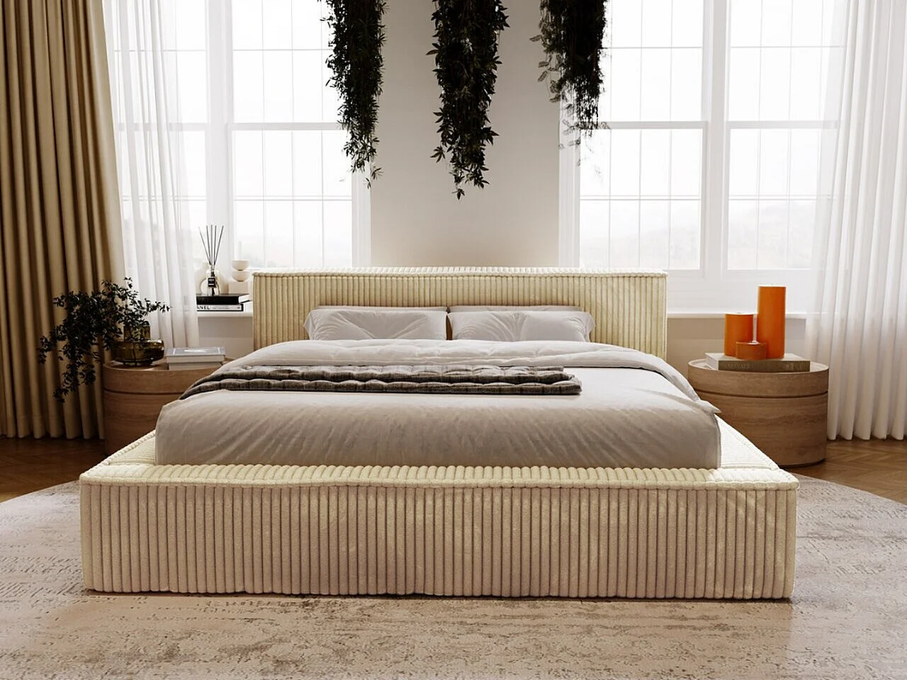 Gestoffeerd bed Lago 180x200 beige - opbergruimte voor beddengoed, houten lattenbodem, doorgestikt hoofdbord en bedframe