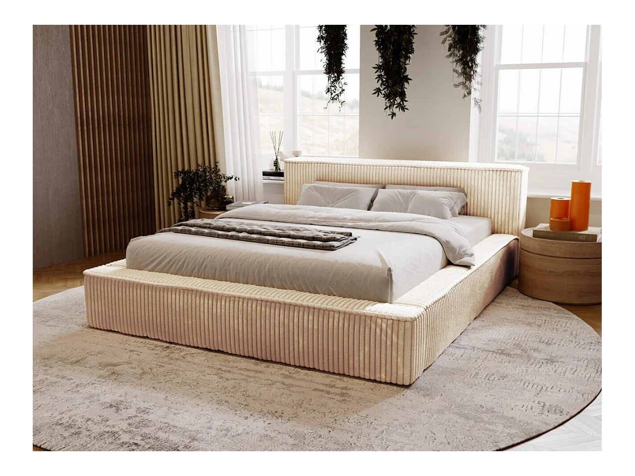 Lit rembourré avec rangement - 180 x 200 - lit double - côtelé - beige - Lago