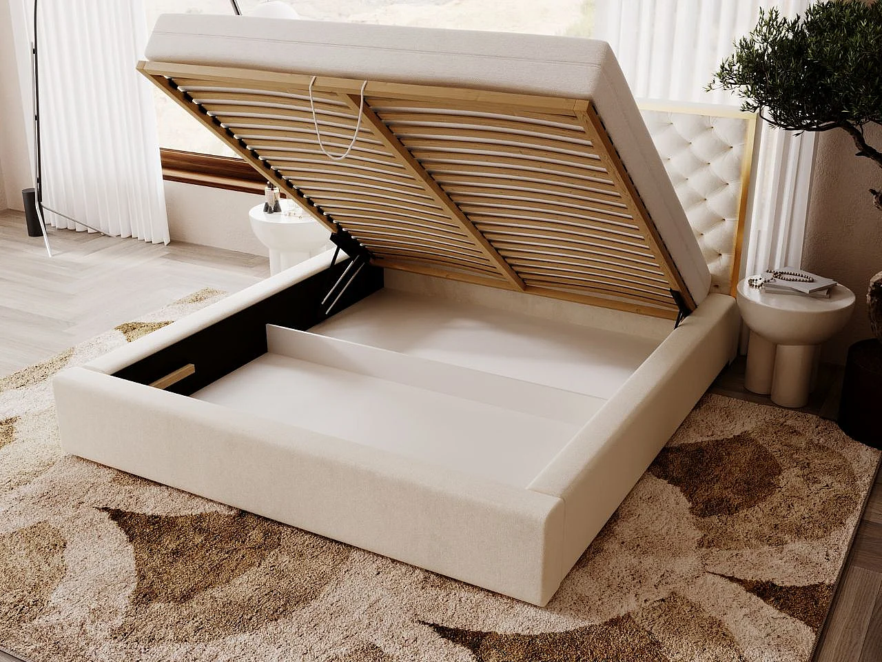 Polsterbett mit Bettkasten - 120 x 200 - Samtstoff  - Beige - Bett mit Lattenrost - BONITO