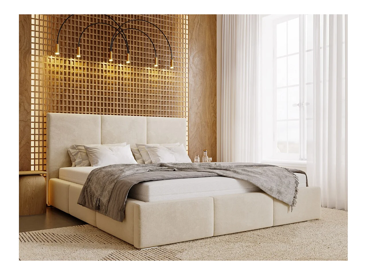 Lit rembourré avec rangement - 200 x 200 - lit double - velours - beige - Lincoln