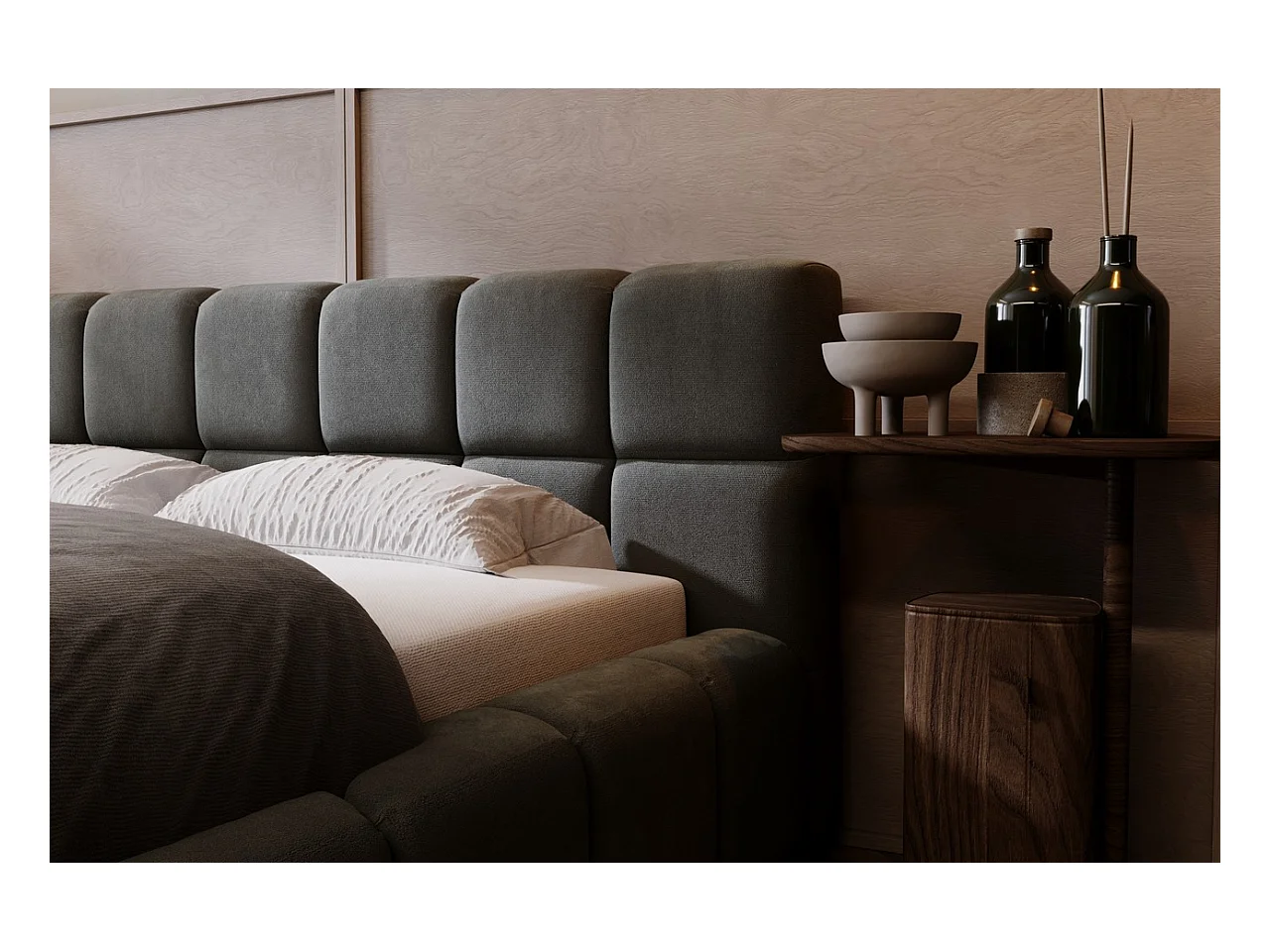 Lit rembourré avec rangement - 120 x 200 - lit double - velours - gris foncé - Alicante