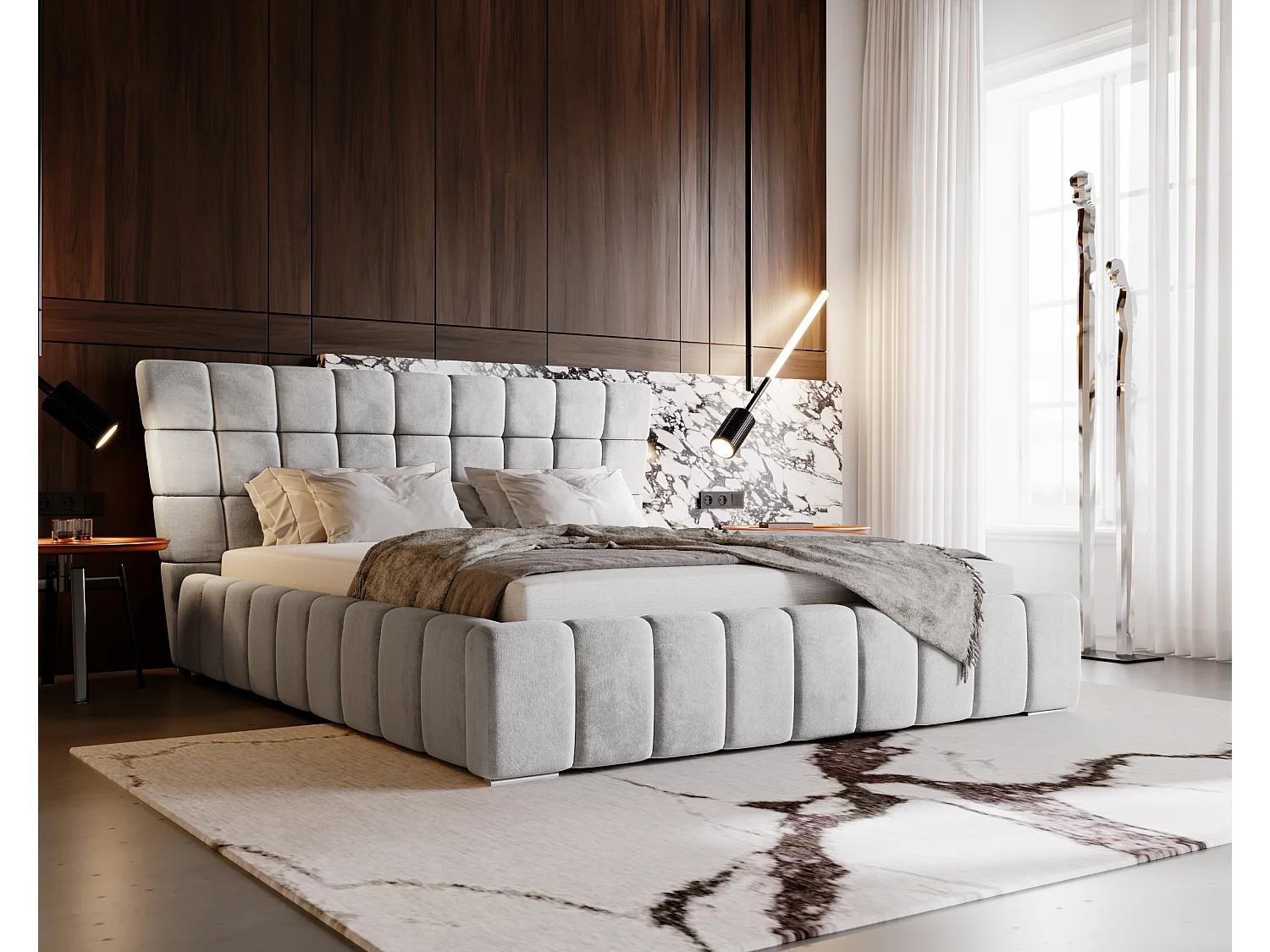 Lit rembourré avec rangement - 180 x 200 - lit double - velours - gris clair - Paris