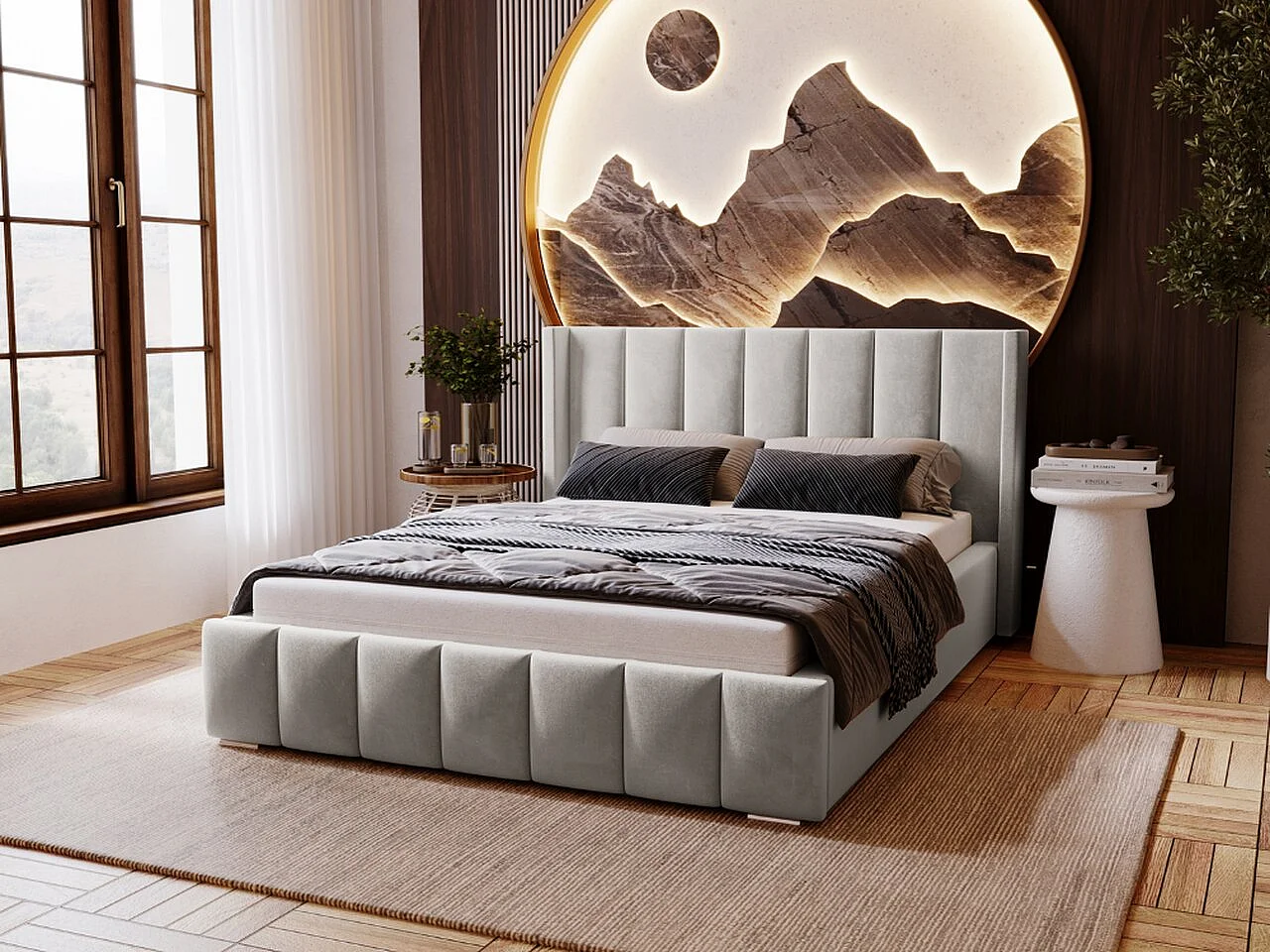 Lit rembourré avec rangement - 120 x 200 - lit double - velours - gris clair - Marano