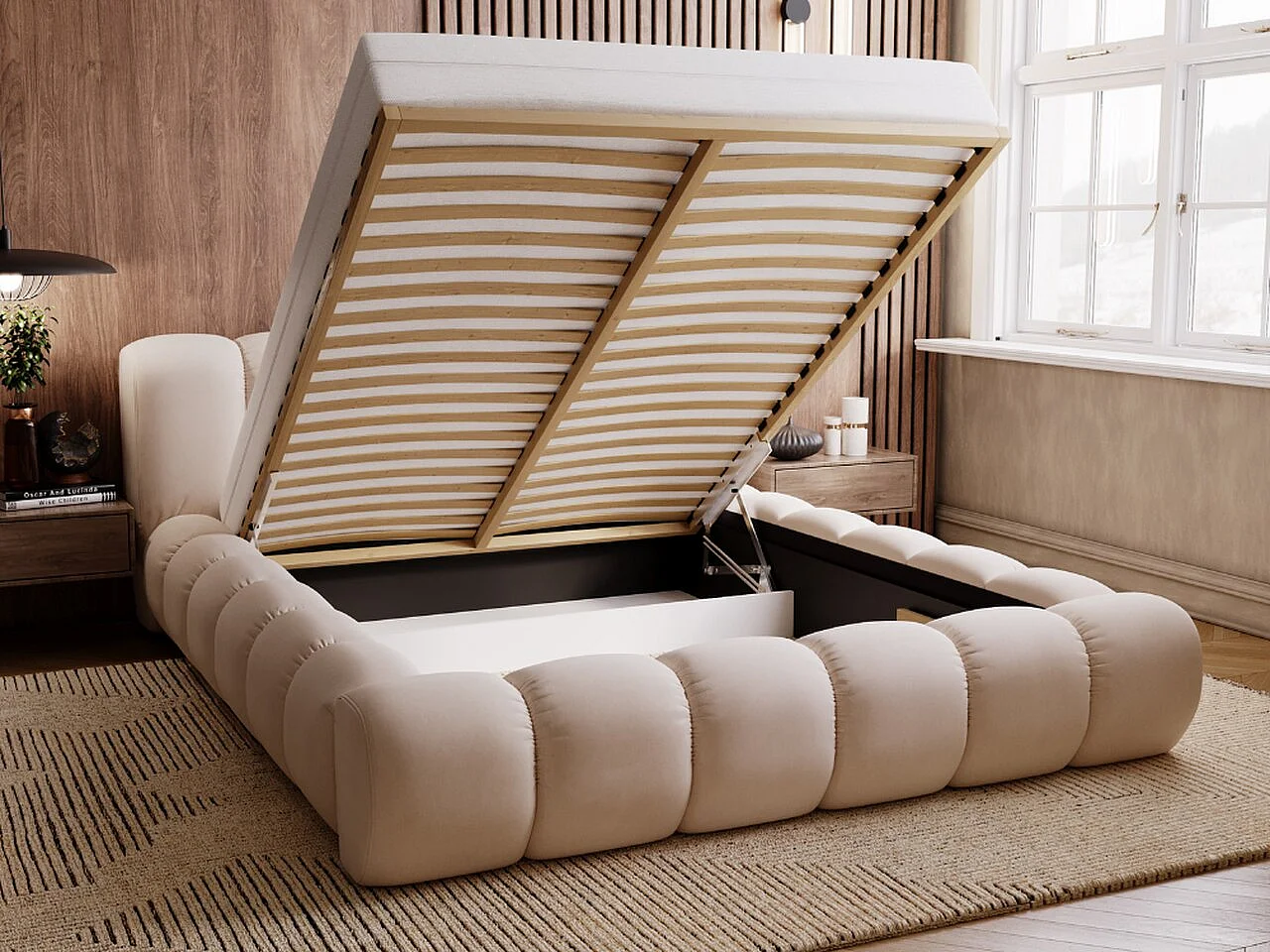 Polsterbett mit Bettkasten - 160 x 200 - Samtstoff - Braun - Bett mit Lattenrost - DORIA