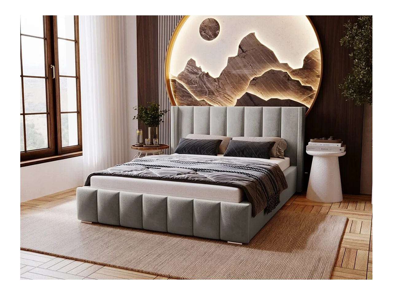 Lit rembourré avec rangement - 120 x 200 - lit double - velours - gris - Marano