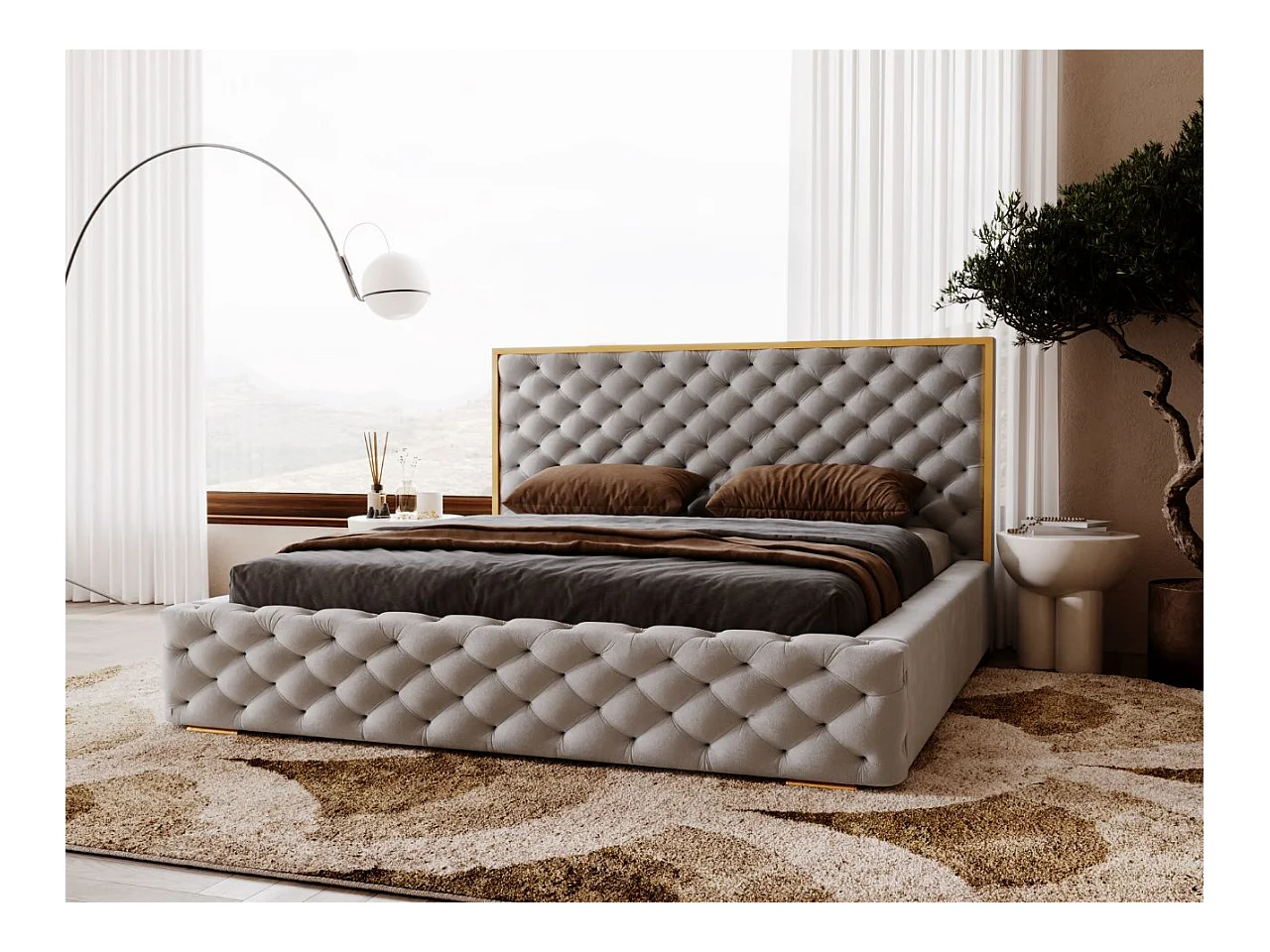 Lit rembourré avec rangement - 120 x 200 - lit double - velours - gris - Wave