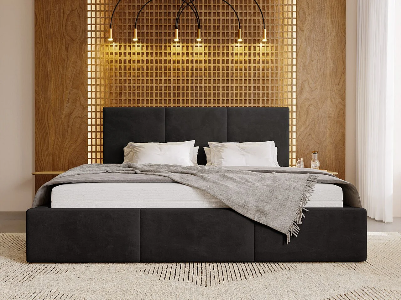 Polsterbett mit Bettkasten - 160 x 200 - Samtstoff - Schwarz - Bett mit Lattenrost - LINCOLN