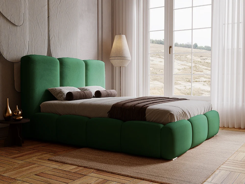 Lit rembourré avec rangement - 120 x 200 - lit double - velours - vert - Bubble