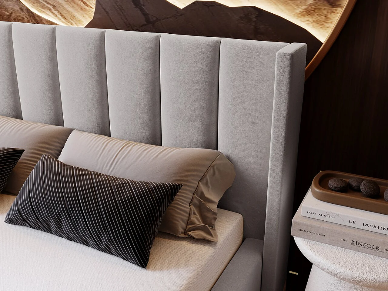 Gestoffeerd bed Marano 140x200 lichtgrijs - opbergruimte voor beddengoed, houten lattenbodem, doorgestikt hoofdbord en bedframe