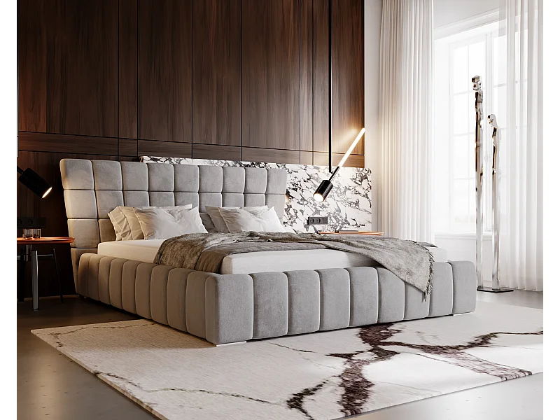 Gestoffeerd bed Paris 180x200 grijs - opbergruimte voor beddengoed, houten lattenbodem, doorgestikt hoofdbord en bedframe
