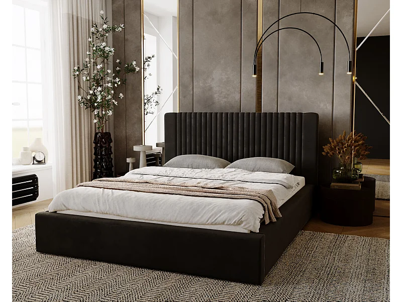 Gestoffeerd bed Malmo 160x200 bruin - opbergruimte voor bed Malmodengoed, houten lattenbodem, doorgestikt hoofdbord en bedframe