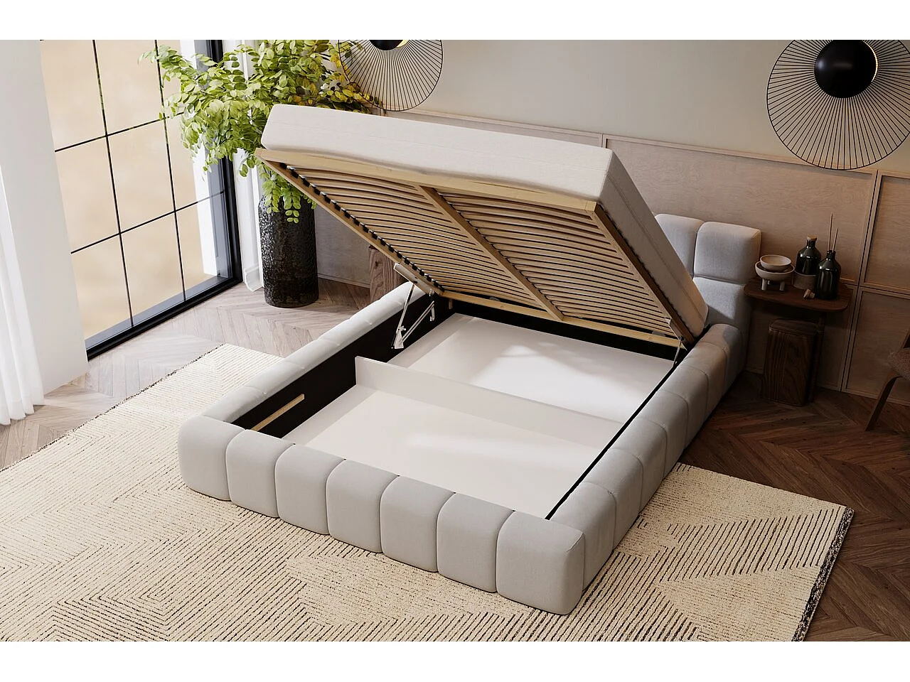 Gestoffeerd bed Alicante 160x200 lichtgrijs - opbergruimte voor beddengoed, houten lattenbodem, doorgestikt hoofdbord en bedframe.