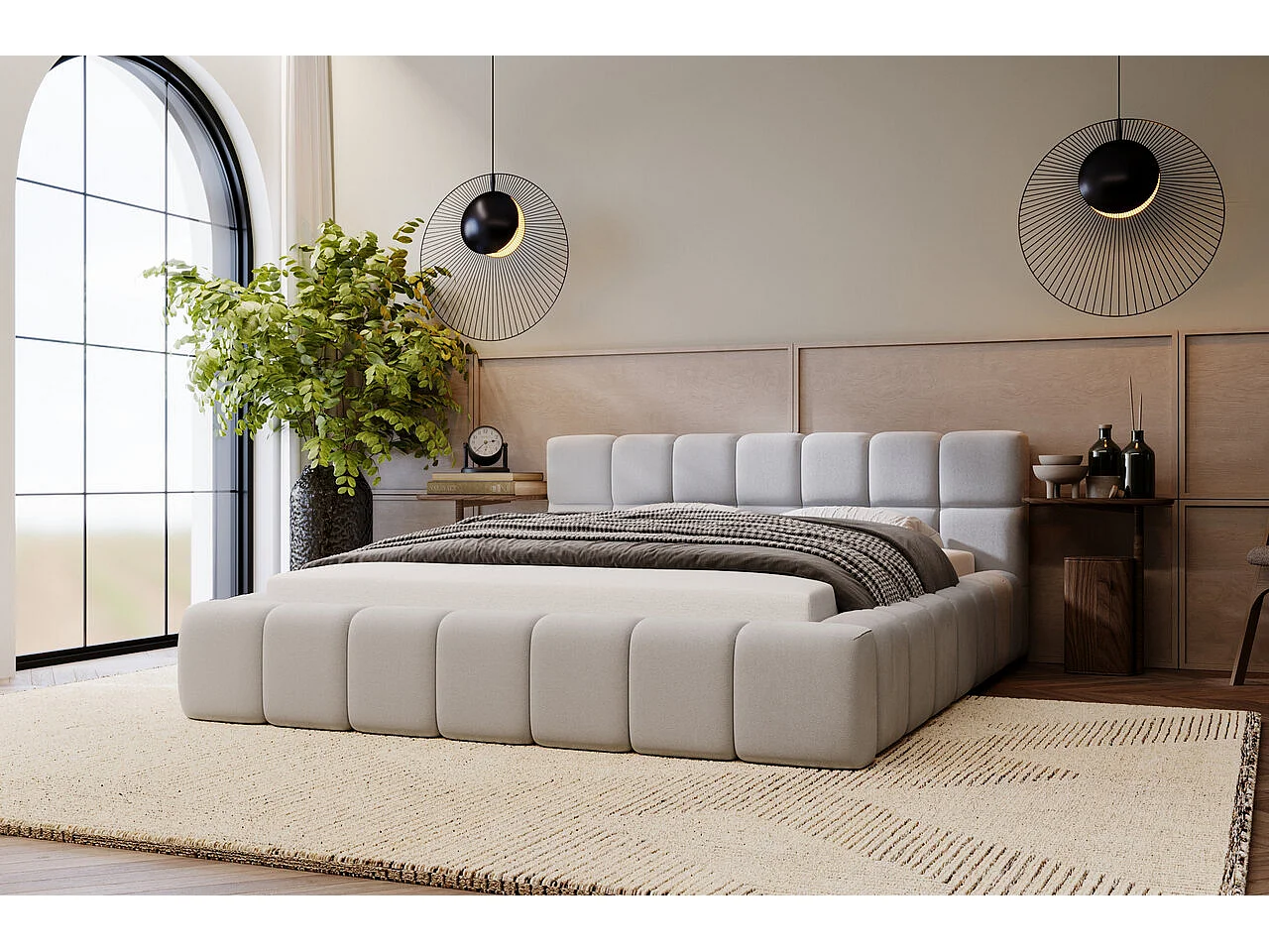 Lit rembourré avec rangement - 160 x 200 - lit double - velours - gris clair - Alicante