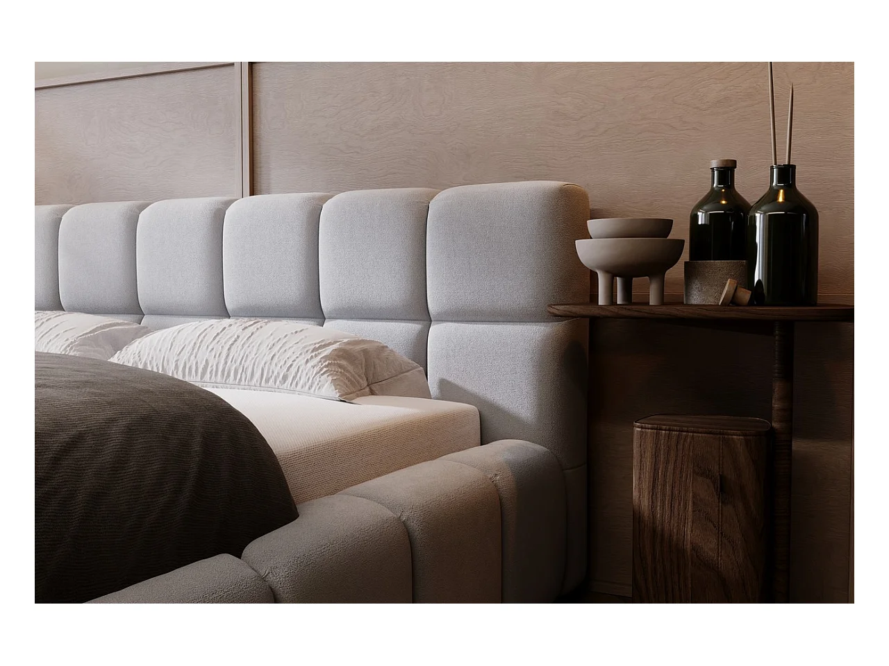 Lit rembourré avec rangement - 180 x 200 - lit double - velours - gris clair - Alicante