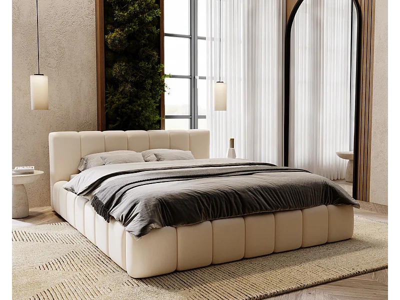 Lit rembourré avec rangement - 160 x 200 - lit double - velours - crème - Split