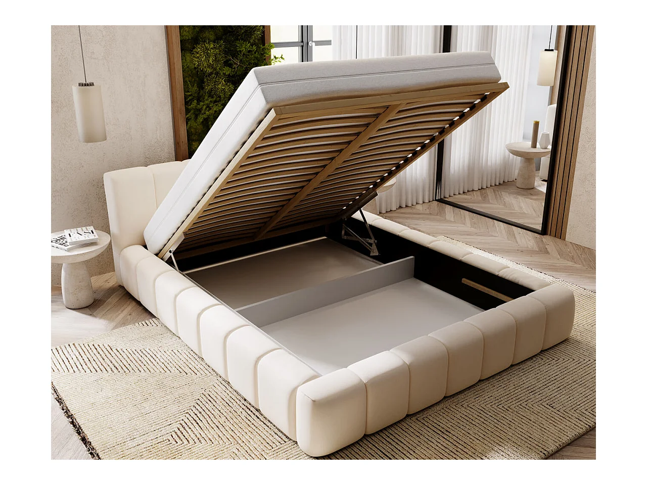 Lit rembourré avec rangement - 160 x 200 - lit double - velours - crème - Split