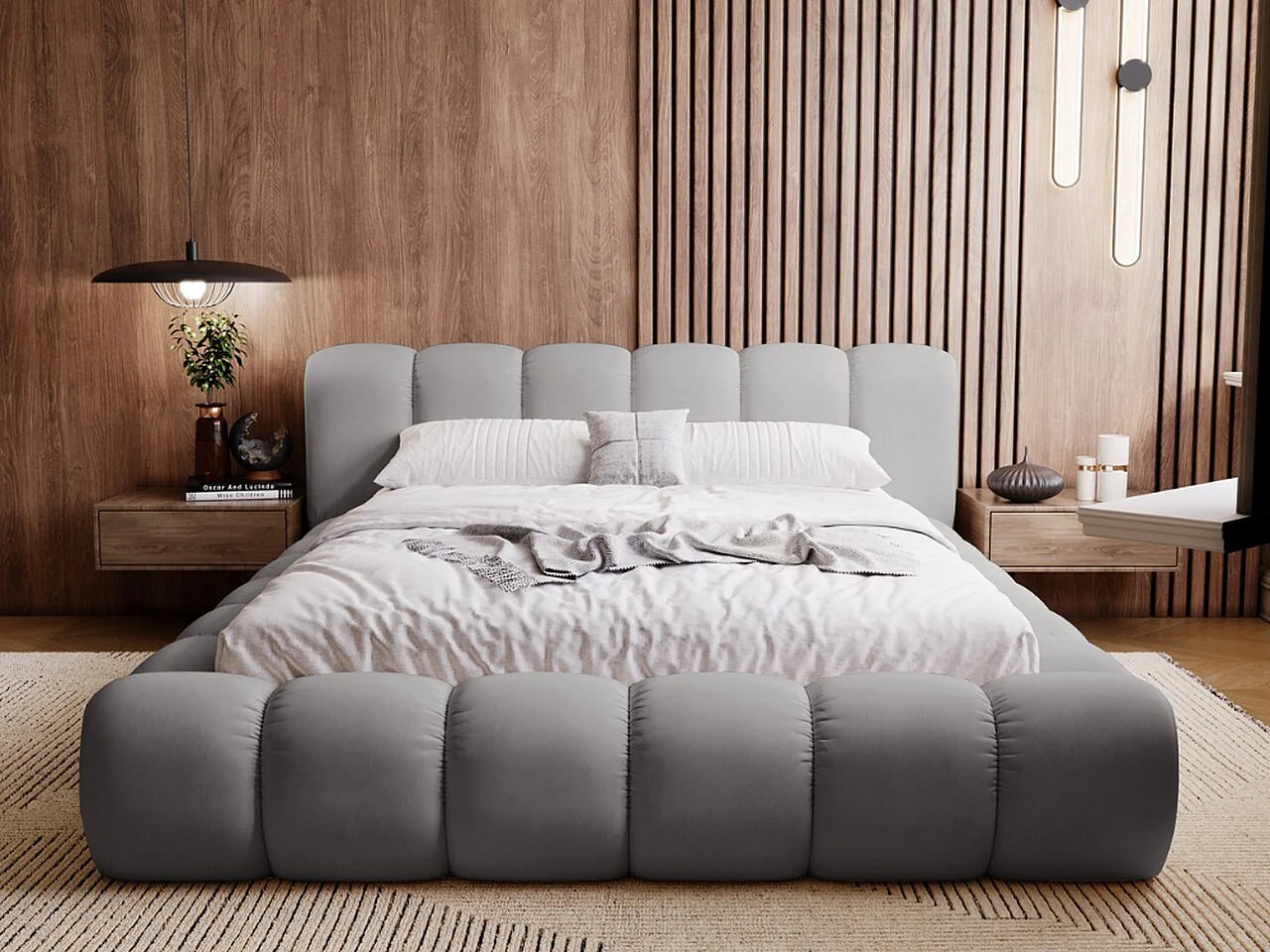 Polsterbett mit Bettkasten - 160 x 200 - Samtstoff - Grau - Bett mit Lattenrost - DORIA