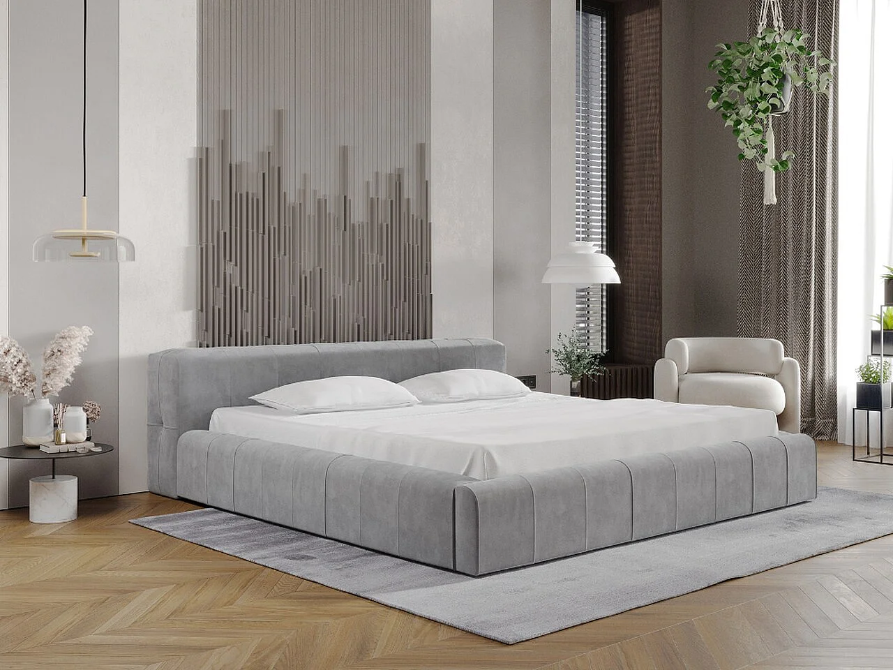 Lit rembourré avec rangement - 180 x 200 - lit double - velours - gris clair - Lipari