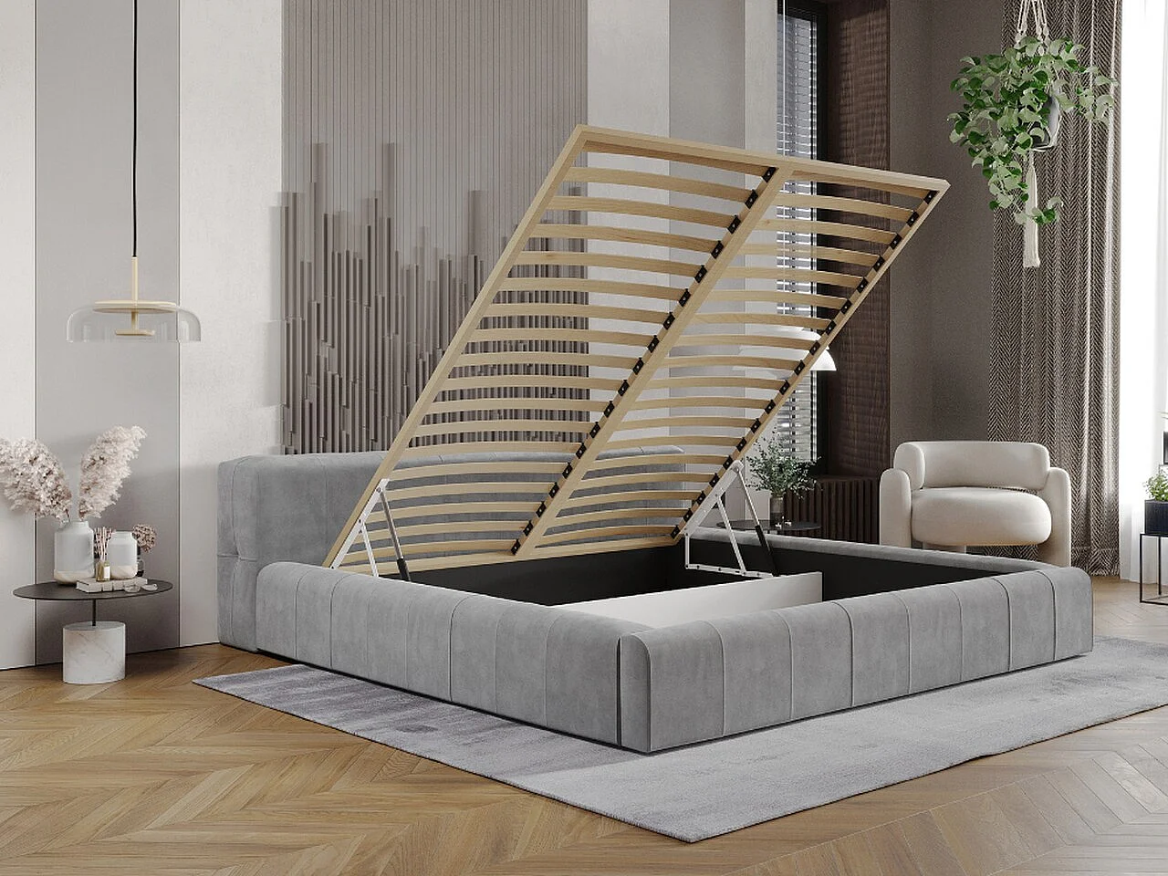 Lit rembourré avec rangement - 180 x 200 - lit double - velours - gris clair - Lipari