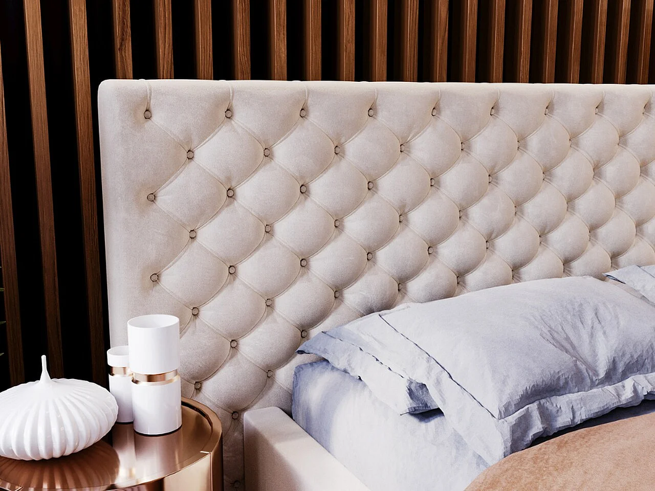 Gestoffeerd bed Madera 180x200 beige - opbergruimte voor beddengoed, houten lattenbodem, doorgestikt hoofdbord en bedframe