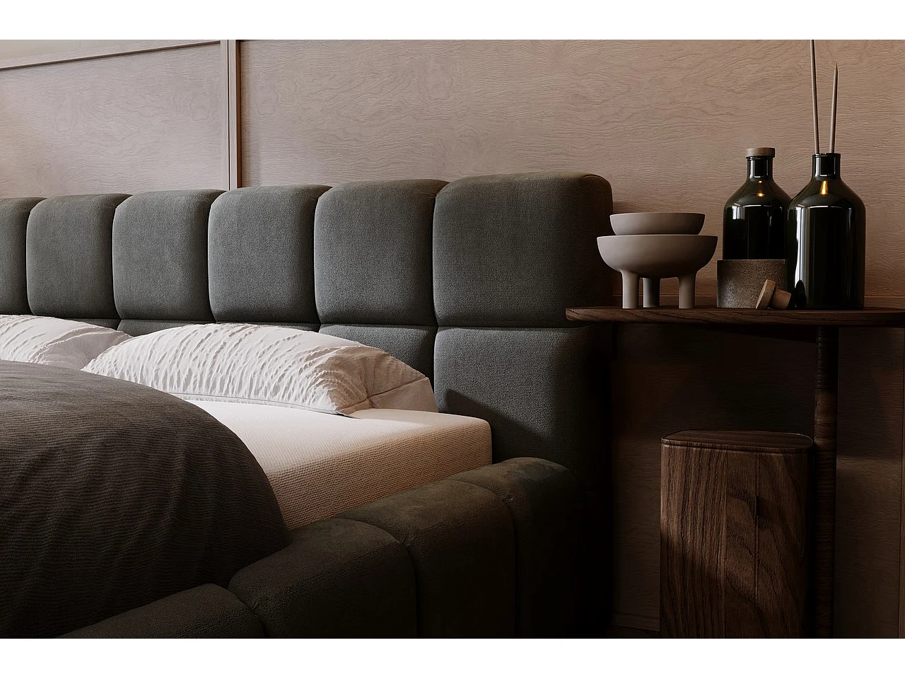 Lit rembourré avec rangement - 180 x 200 - lit double - velours - gris foncé - Alicante