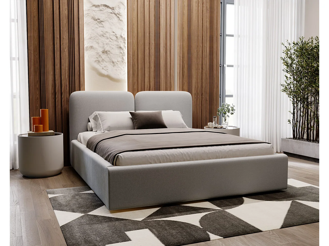 Lit rembourré avec rangement - 160 x 200 - lit double - velours - gris clair - Palermo