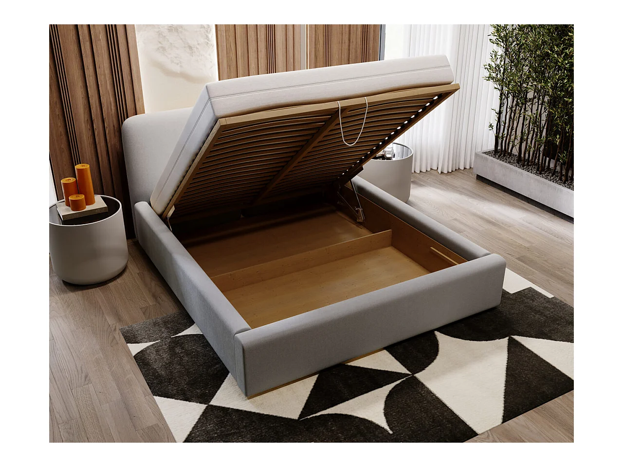 Lit rembourré avec rangement - 160 x 200 - lit double - velours - gris clair - Palermo