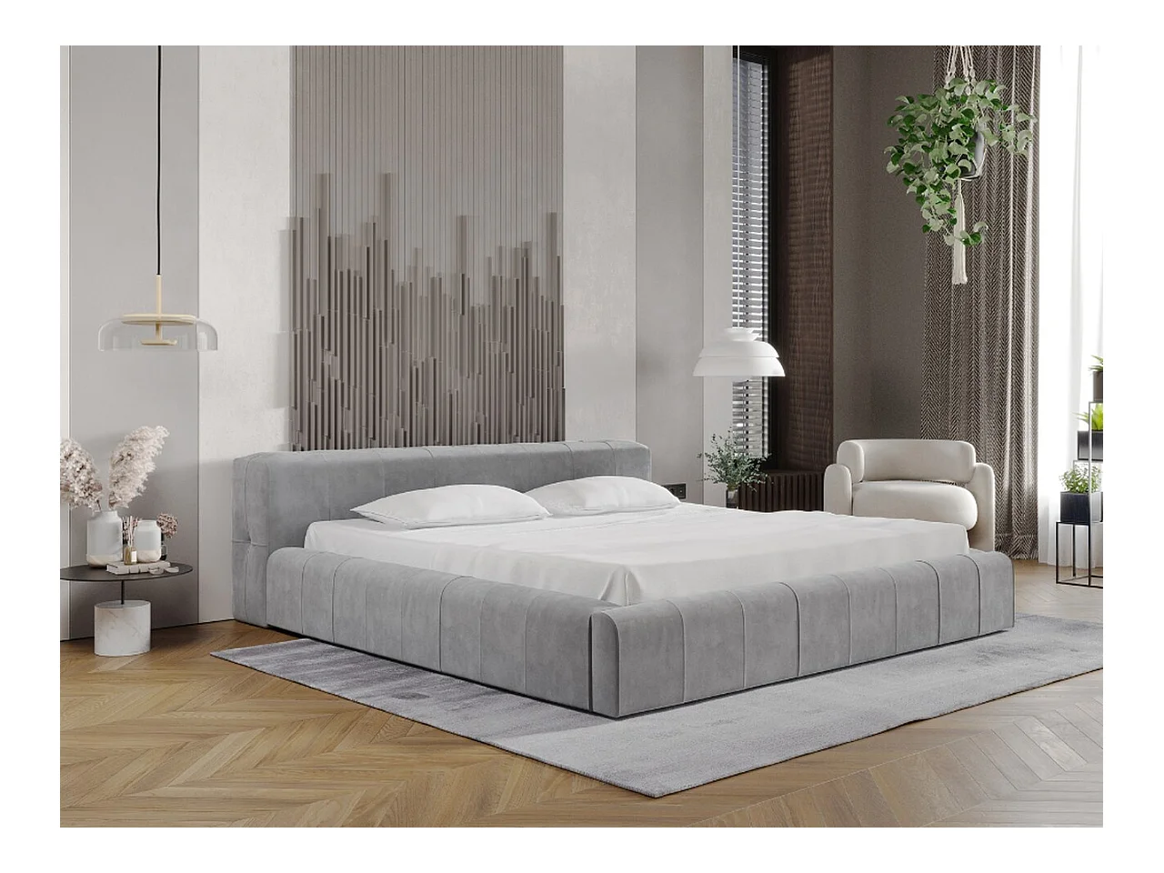 Lit rembourré avec rangement - 120 x 200 - lit double - velours - gris clair - Lipari