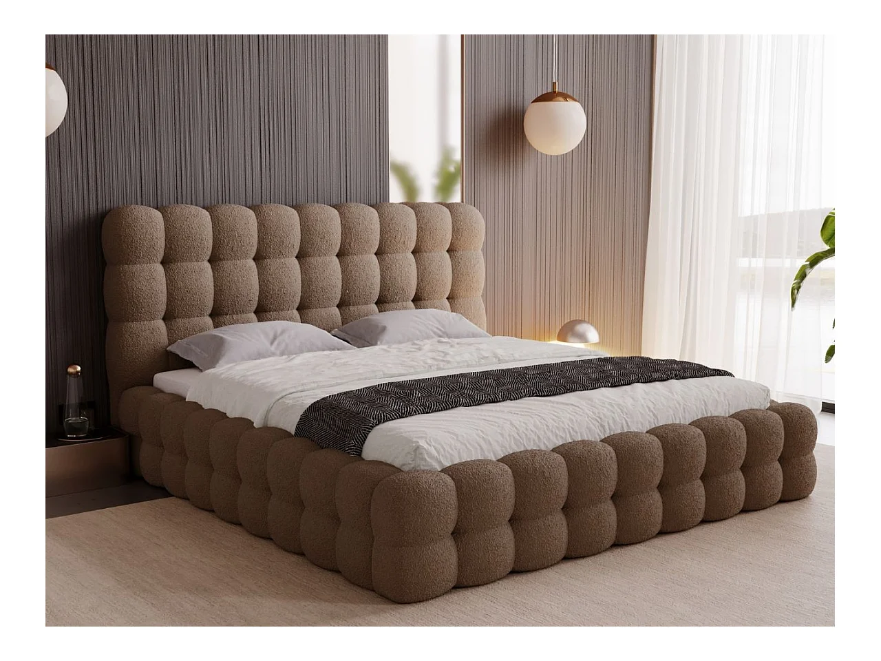 Lit rembourré avec rangement - 200 x 200 - lit double - bouclé - marron - Twist