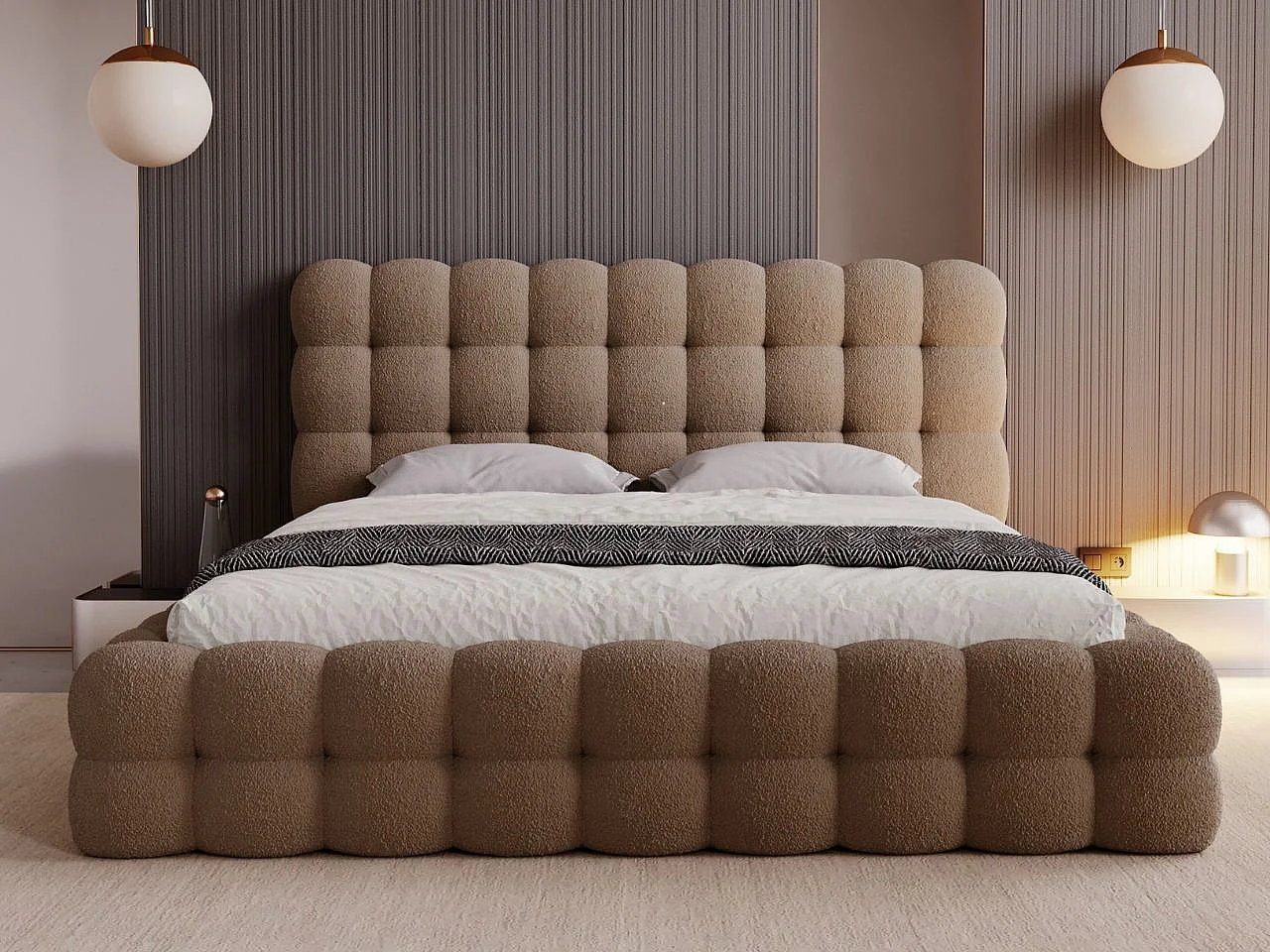 Gestoffeerd bed Twist 200x200 bruin - opbergruimte voor beddengoed, houten lattenbodem, doorgestikt hoofdbord en bedframe