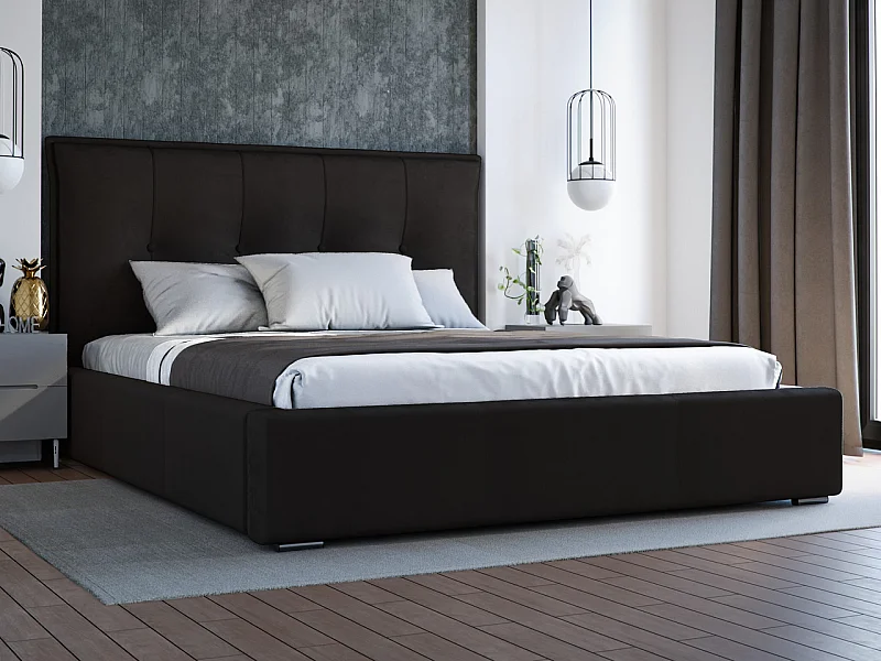 Gestoffeerd bed Valencia 180x200 zwart - opbergruimte voor beddengoed, houten lattenbodem, doorgestikt hoofdbord en bedframe