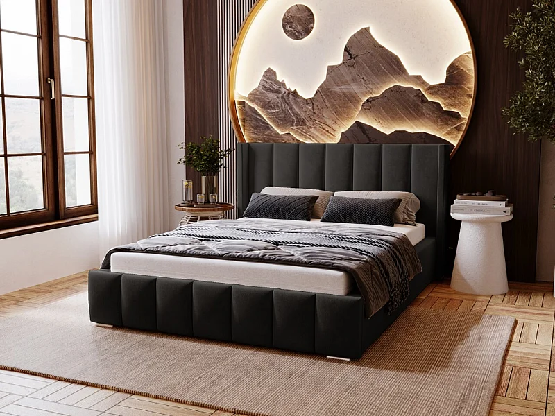 Lit rembourré avec rangement - 200 x 200 - lit double - velours - noir - Marano