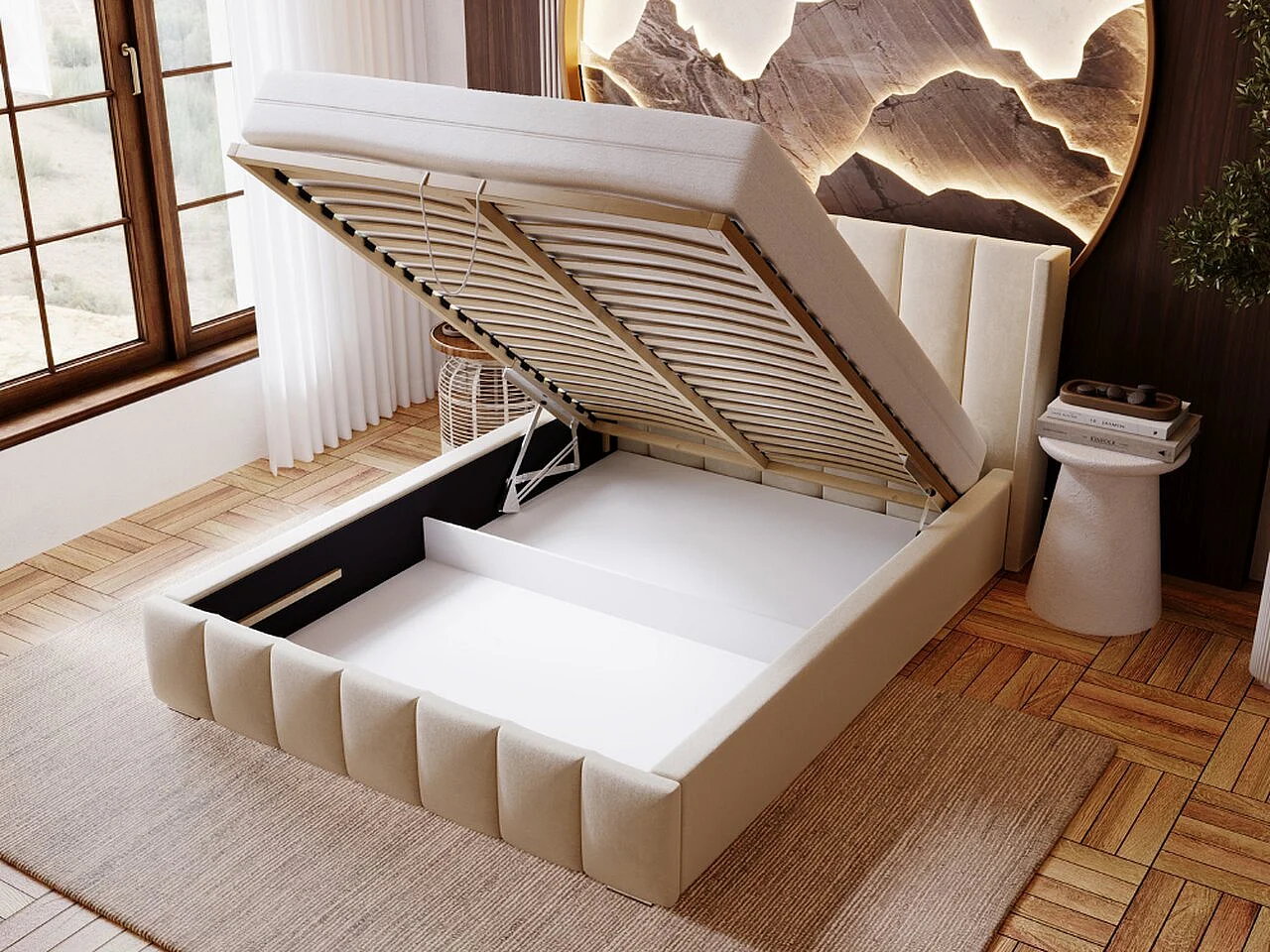 Gestoffeerd bed Marano 200x200 zwart - opbergruimte voor beddengoed, houten lattenbodem, doorgestikt hoofdbord en bedframe