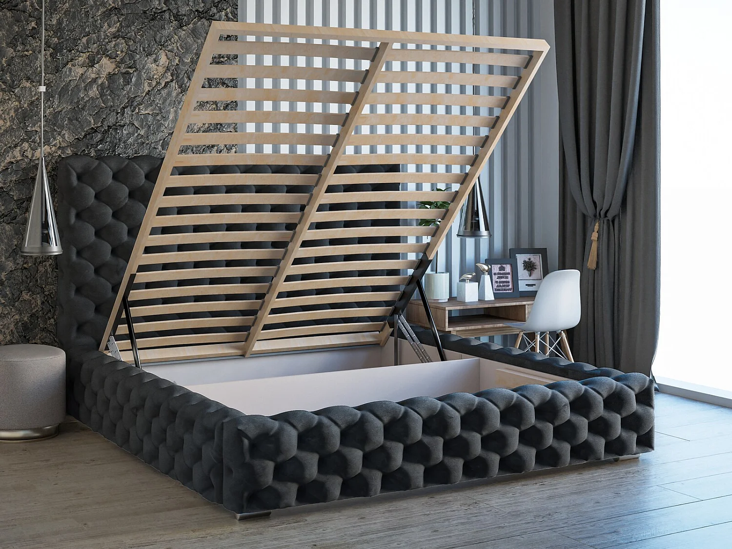 Lit rembourré avec rangement - 140 x 200  - lit double - velours - anthracite - Heaven