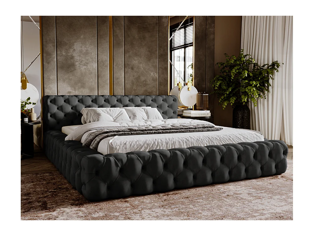 Lit rembourré avec rangement - 160 x 200 - lit double - velours - noir - Palini
