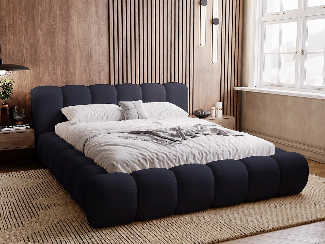 Polsterbett mit Bettkasten - 180 x 200 - Samtstoff - Marineblau - Bett mit Lattenrost - DORIA