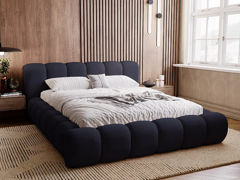 Polsterbett mit Bettkasten - 180 x 200 - Samtstoff - Marineblau - Bett mit Lattenrost - DORIA