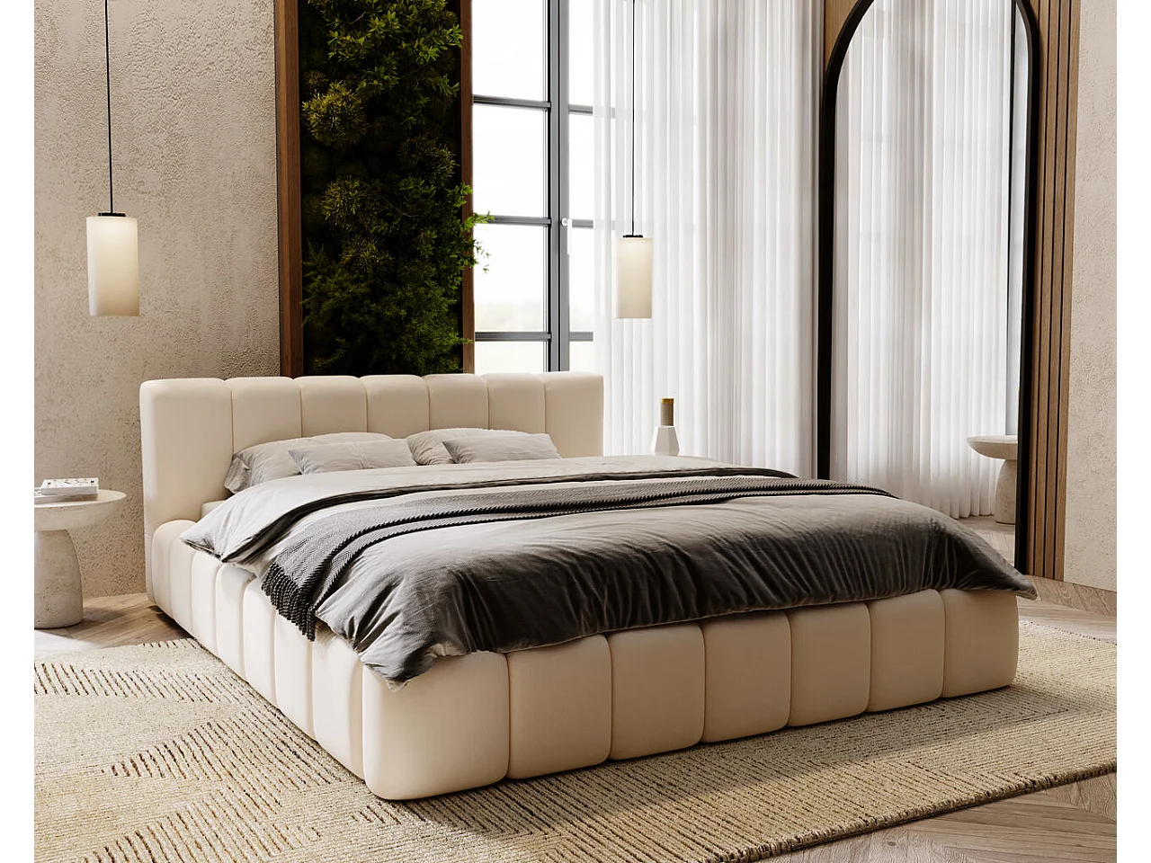 Gestoffeerd bed Split 140x200 crème - opbergruimte voor beddengoed, houten lattenbodem, doorgestikt hoofdbord en bedframe